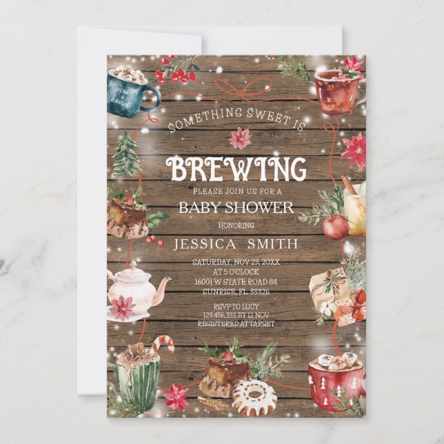 Something Sweet Is Brewing Winter Wood Baby Shower Invitation (Front)