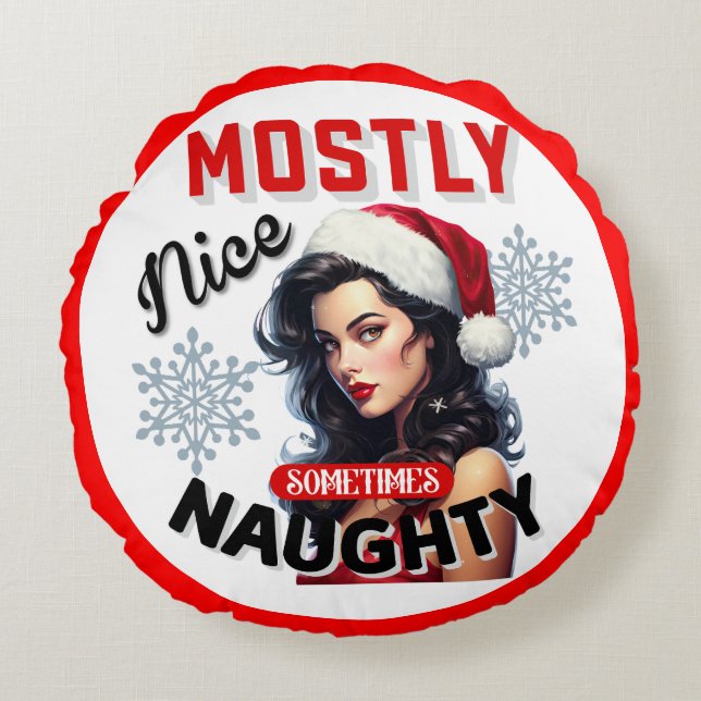 Sometimes Naughty Retro Christmas Pinup Round Cushion (Front)
