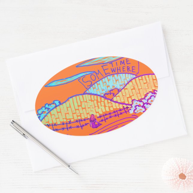 Somewhere / Sometime doodle on orange Oval Sticker (Envelope)