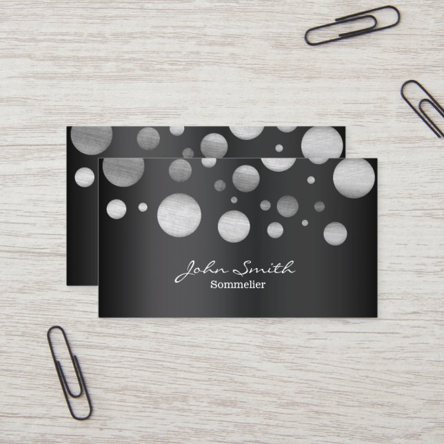 Sommelier Modern Silver Polka Dots Wine Tasting Business Card (Front/Back In Situ)