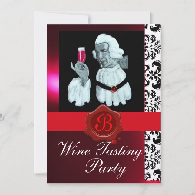 SOMMELIER WINE TASTING PARTY RED WAX SEAL MONOGRAM INVITATION (Front)