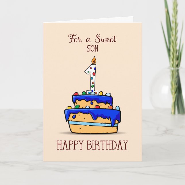 Son 1st Birthday, 1 on Sweet Blue Cake Card (Front)