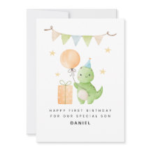 Son 1st Birthday Card Cute Watercolor Dinosaur