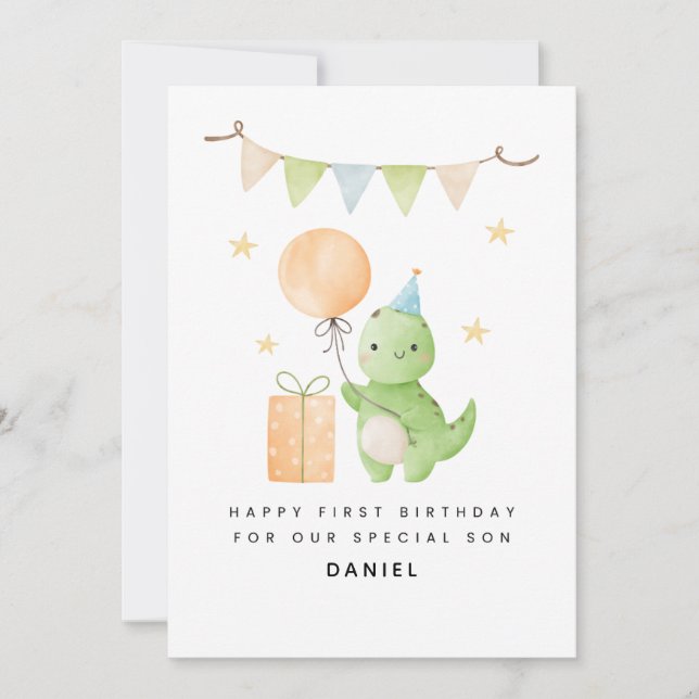 Son 1st Birthday Card Cute Watercolor Dinosaur (Front)