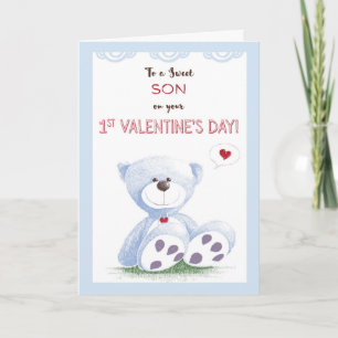 Son, 1st Valentine's Day, Blue Teddy Bear on Grass Holiday Card