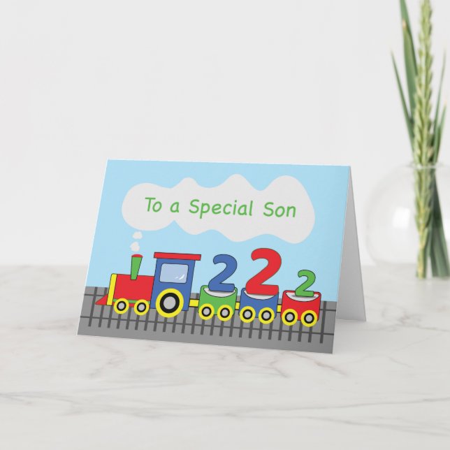 Son 2nd Birthday Colourful Train on Track Card (Front)