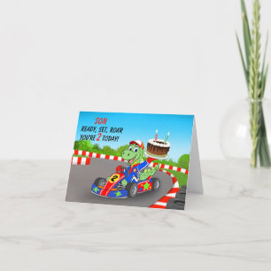 Son 2nd Birthday Dinosaur Race Car Ready Set Card