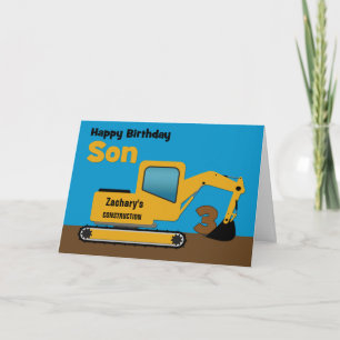 Son 3rd Birthday Yellow Excavator Add Name Card