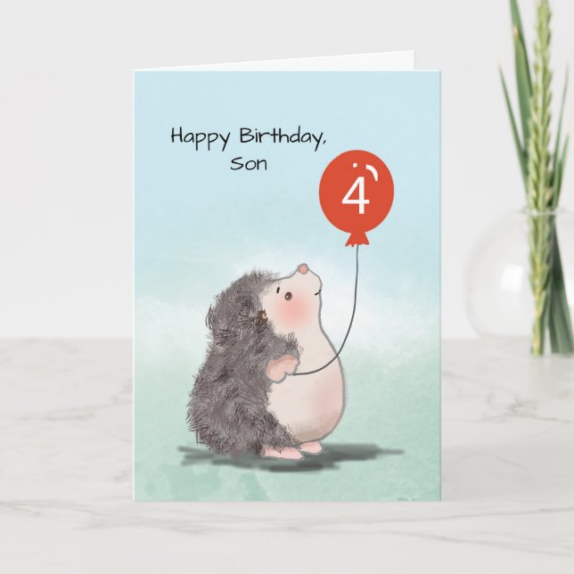 Son 4th Birthday Cute Hedgehog with Balloon Card (Front)