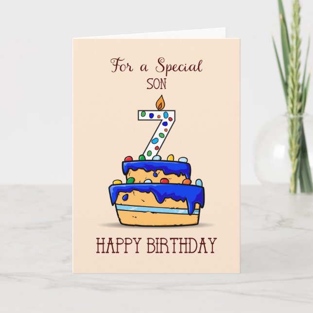 Son 7th Birthday, 7 on Sweet Blue Cake Card (Front)