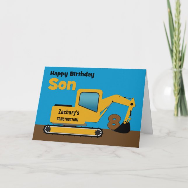 Son 8th Birthday Yellow Excavator Add Name Card (Front)