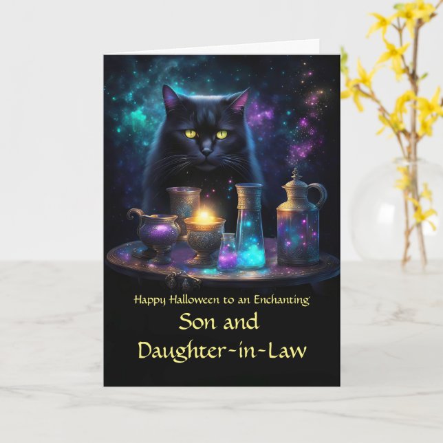 Son and Daughter In Law Happy Halloween Black Cat Card (Yellow Flower)
