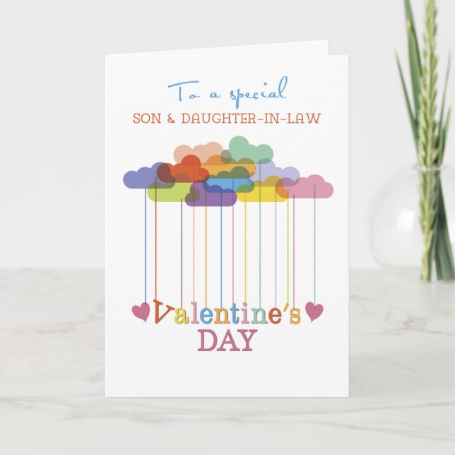Son and Daughter-in-Law Valentine Rainbow Clouds Holiday Card (Front)