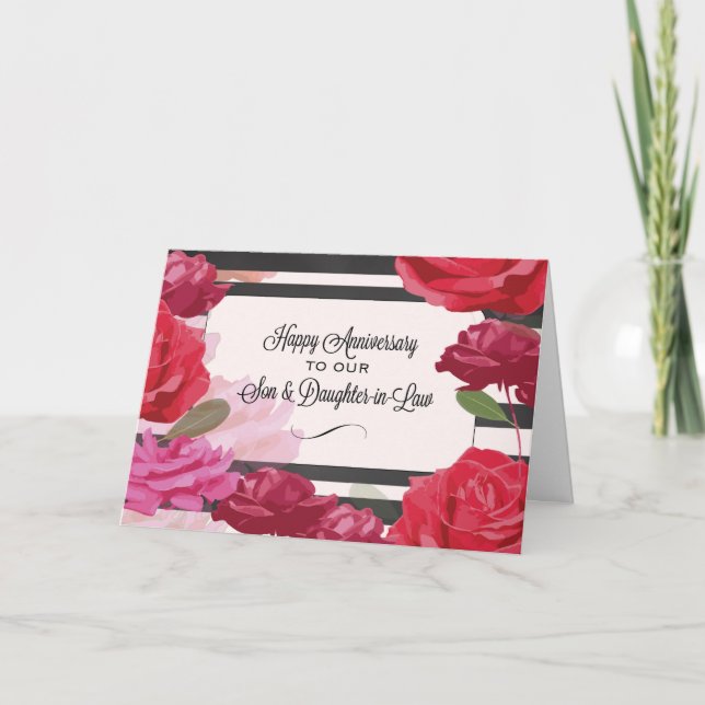 Son and Daughter-in-Law Wedding Anniversary Roses Card (Front)