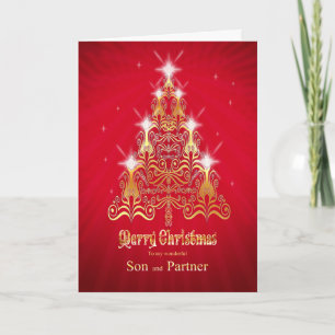 Son and partner, Christmas tree Christmas card