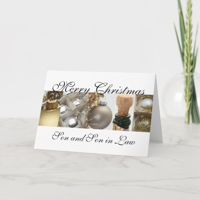 Son and Son in Law merry christmas gold on white c Holiday Card (Front)