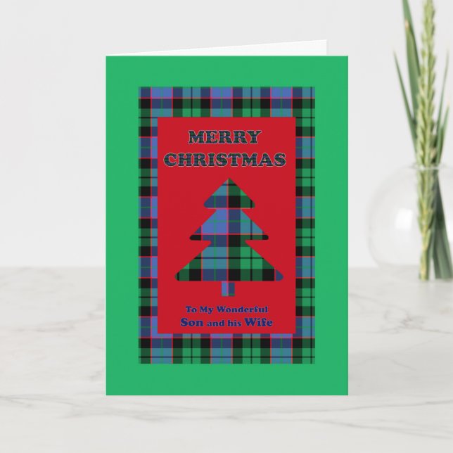 Son and Wife, Tartan Christmas Tree Holiday Card (Front)