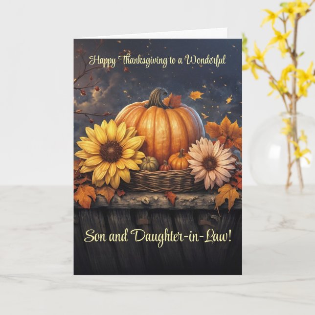 Son and Wife Thanksgiving with Flowers Pumpkins  Card (Yellow Flower)
