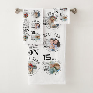 Son Birthday 8 Photo Collage Typography Bath Towel Set