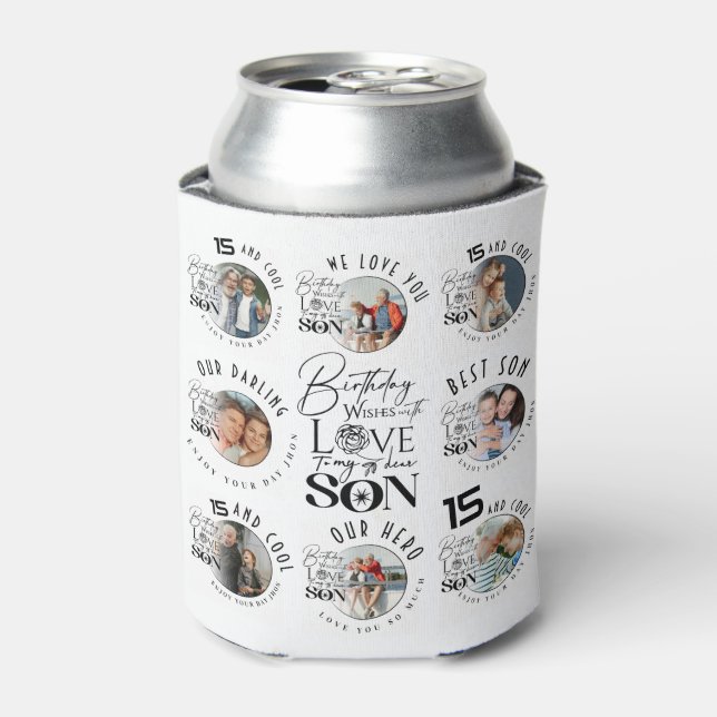 Son Birthday 8 Photo Collage Typography  Can Cooler (Can Front)
