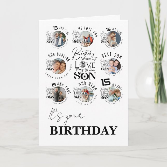Son Birthday 8 Photo Collage Typography  Card (Front)