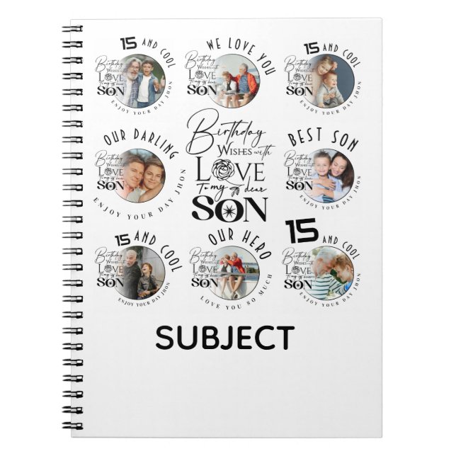 Son Birthday 8 Photo Collage Typography  Notebook (Front)