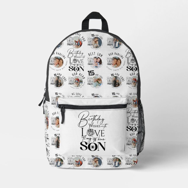 Son Birthday 8 Photo Collage Typography  Printed Backpack (Front)