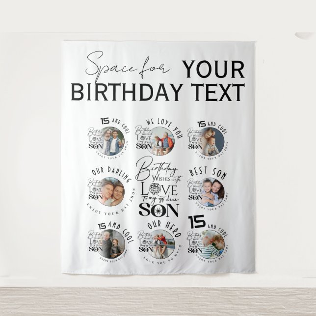 Son Birthday 8 Photo Collage Typography  Tapestry (Front)