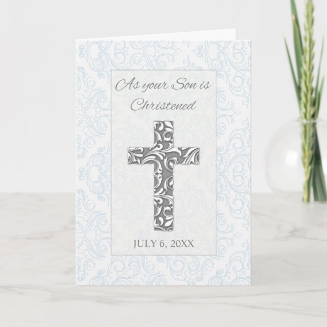 Son Christening Blessings Custom Date with Cross Card (Front)