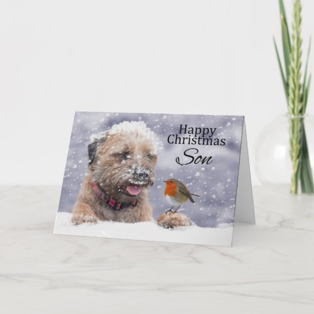 Son, Christmas, Border Terrier Dog In The Snow Holiday Card (Front)