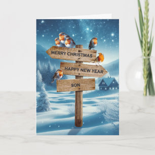 Son Christmas Robins on a Signpost Holiday Card