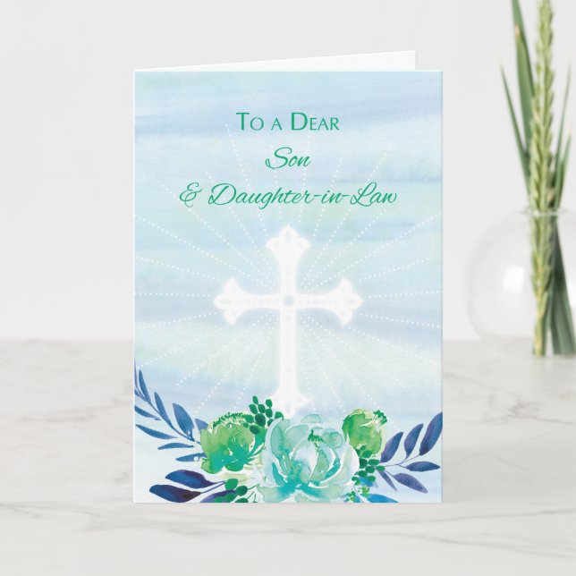 Son & Daughter-in-Law Teal Blue Flowers Easter Holiday Card (Front)