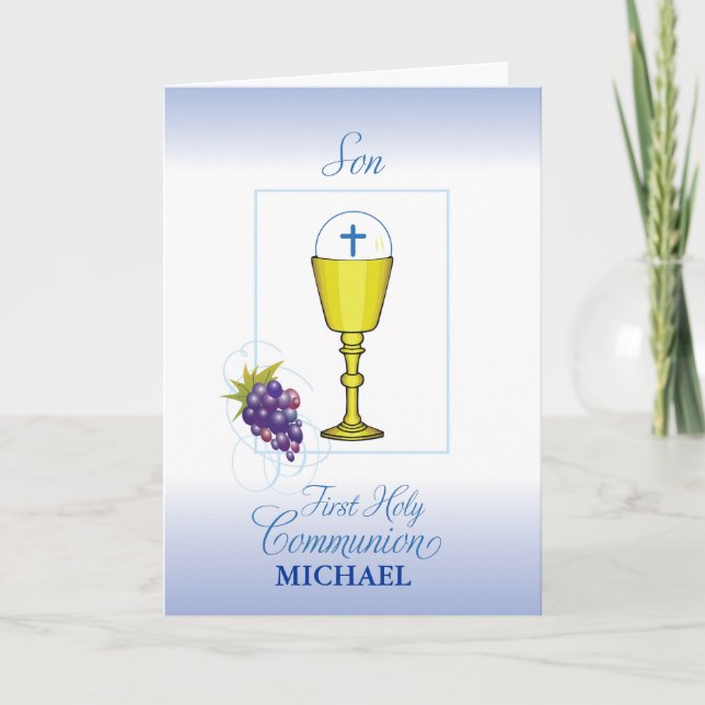 Son First Communion Chalice with Host Grapes Blue Card (Front)