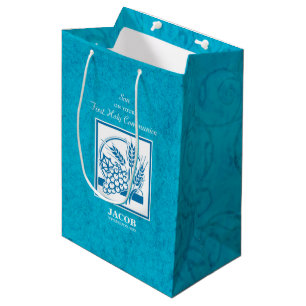 Son, First Communion, Wheat, Grapes Blue Medium Gift Bag