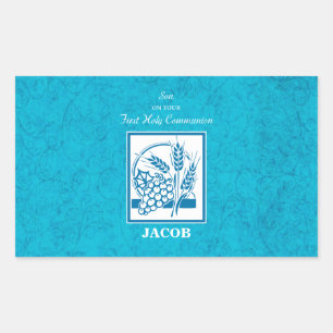 Son, First Communion, Wheat, Grapes Blue Rectangular Sticker