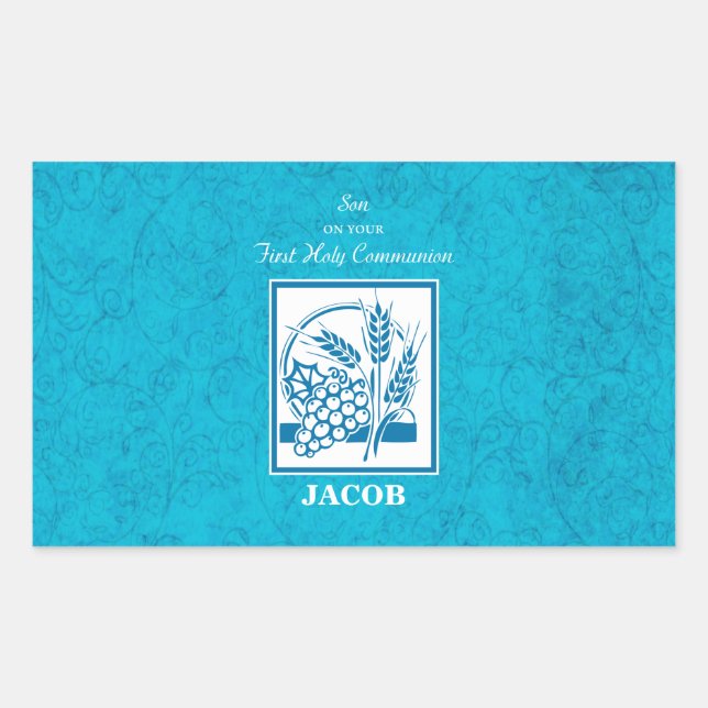 Son, First Communion, Wheat, Grapes Blue Rectangular Sticker (Front)