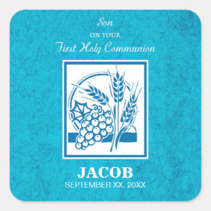 Son, First Communion, Wheat, Grapes Blue Square Sticker