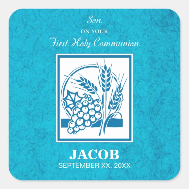 Son, First Communion, Wheat, Grapes Blue Square Sticker (Front)