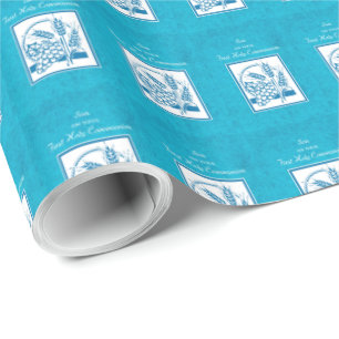 Son, First Communion, Wheat, Grapes Blue Wrapping Paper