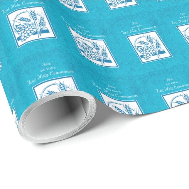Son, First Communion, Wheat, Grapes Blue Wrapping Paper (Roll Corner)
