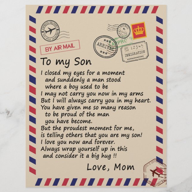 Son Gift | Letter To My Son Love From Mum Custom Letterhead (Front)
