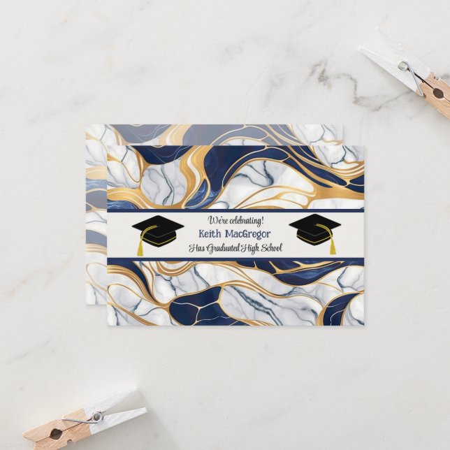 Son Graduation Celebration in Blue Marble Invitation (Front/Back In Situ)