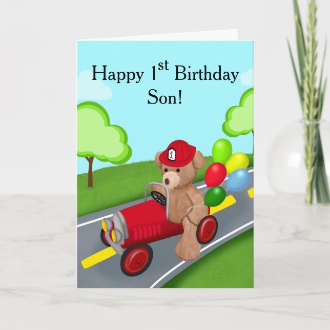 Son Happy 1st Birthday Teddy Bear in Firetruck Card (Front)