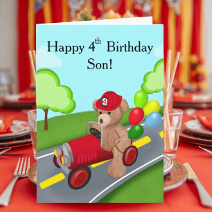 Son Happy 4th Birthday Teddy Bear Firetruck Card