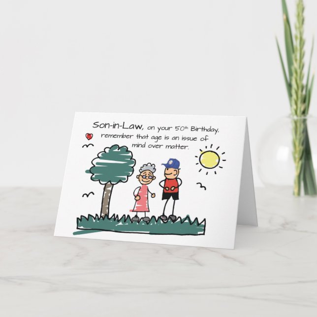 Son in Law 50th Birthday Humourous Stick Figures Card (Front)
