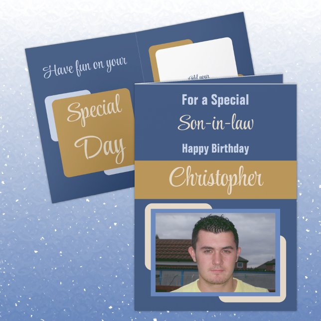 Son in law name photo blue brown birthday card (Creator Uploaded)