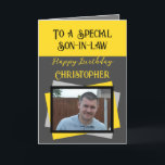 Son in law photo name grey yellow birthday card<br><div class="desc">To a special son-in-law.
Happy birthday.
Add a name and photo.
Grey,  yellow and black.</div>