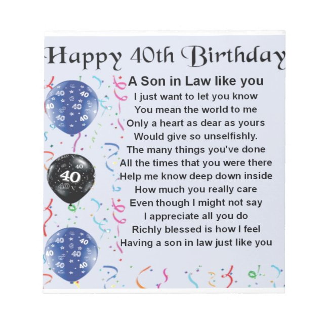 Son in Law Poem - 40th Birthday Design Notepad (Front)