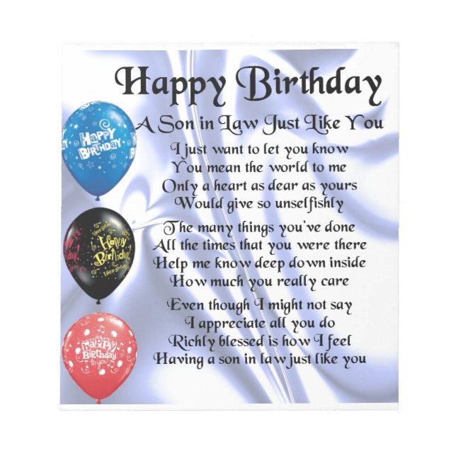 Son in Law poem -  Happy Birthday Design Notepad (Front)