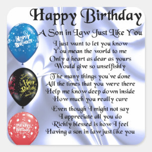 Son in Law poem -  Happy Birthday Design Square Sticker